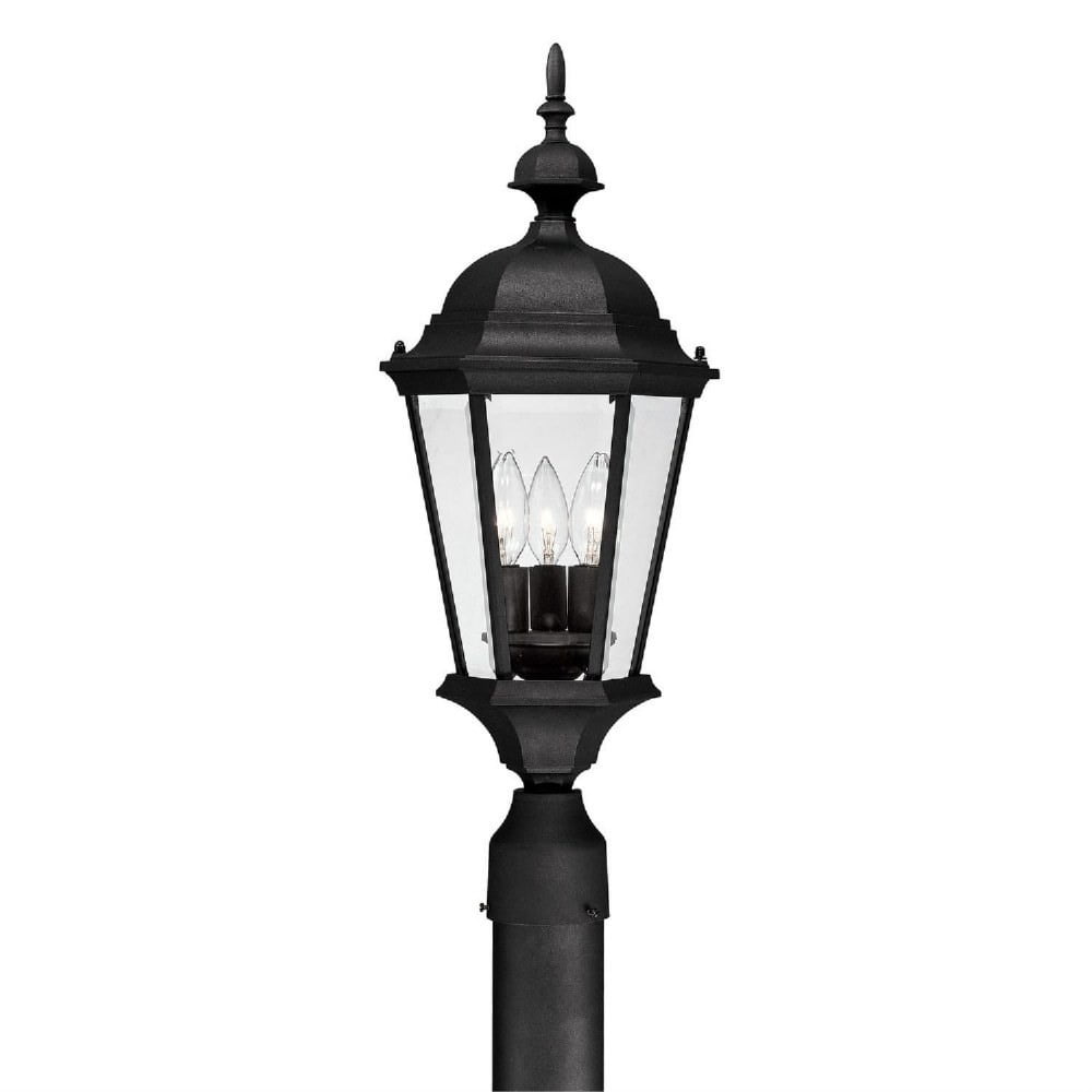 Black Metal and Clear Glass 3-Light Outdoor Post Lantern