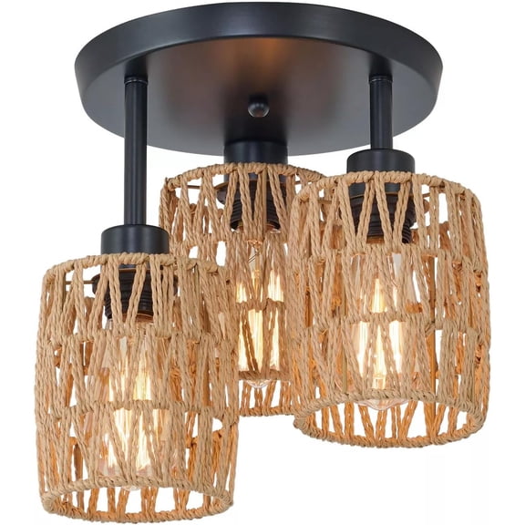 3-Light Pendant Light Fixture Retro Farmhouse Semi Flush Mount Natural Woven Rattan Ceiling Light Industrial Hanging Pendant Lighting for Bedroom for Kitchen Island Dining Room