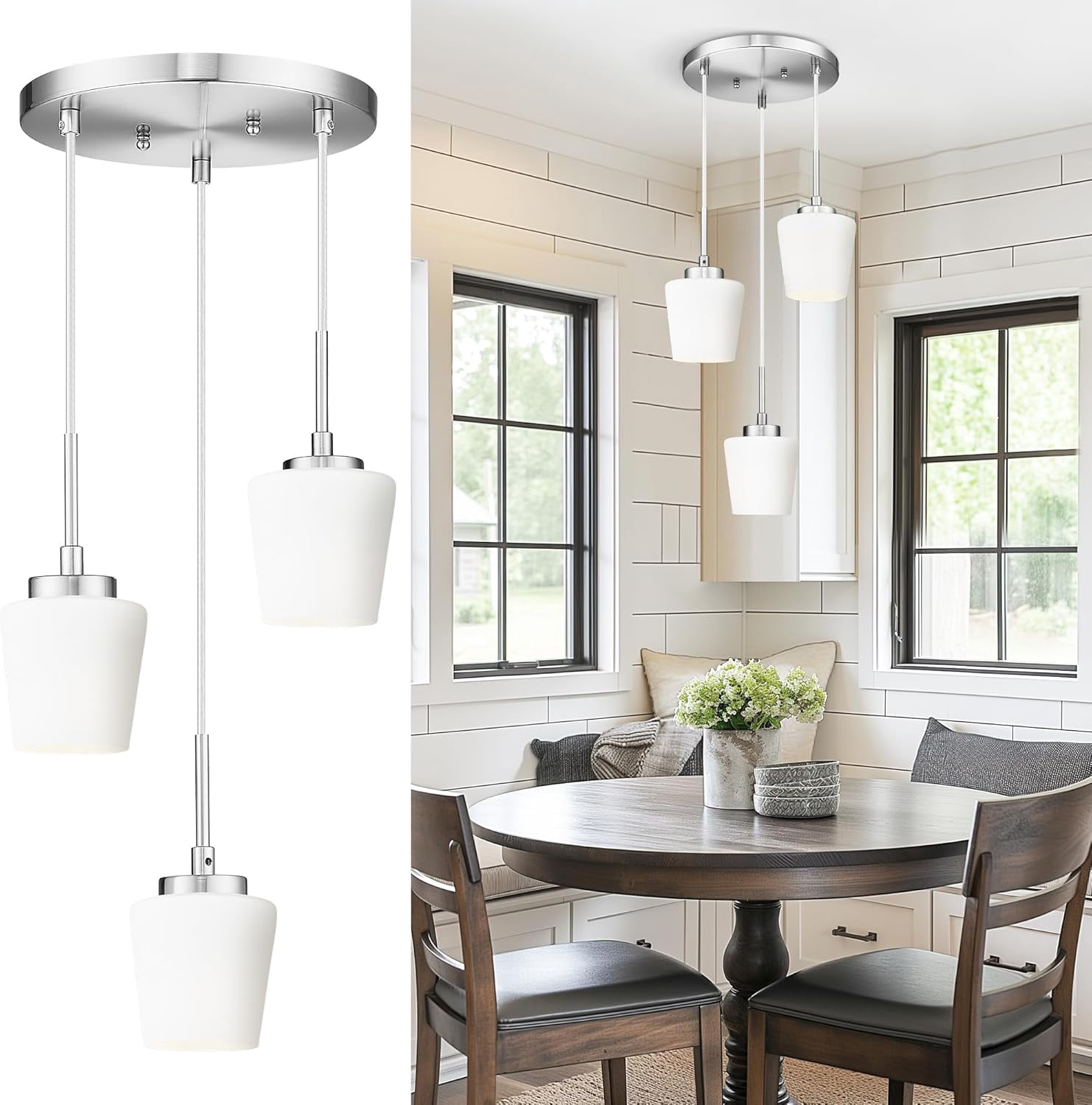 3-Light Pendant Light Fixtures, Brushed Nickel Dining Room Light ...