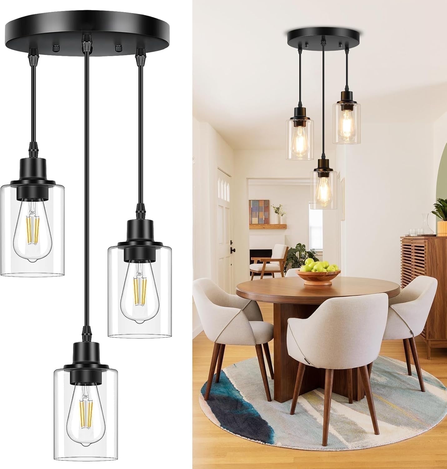 3-Light Pendant Light Fixtures Cluster Pendant Kitchen Island Pendant Lighting with Clear Glass Shade Hanging Light Fixtures with Adjustable Cord for Dining Room, Hallway, Living Room