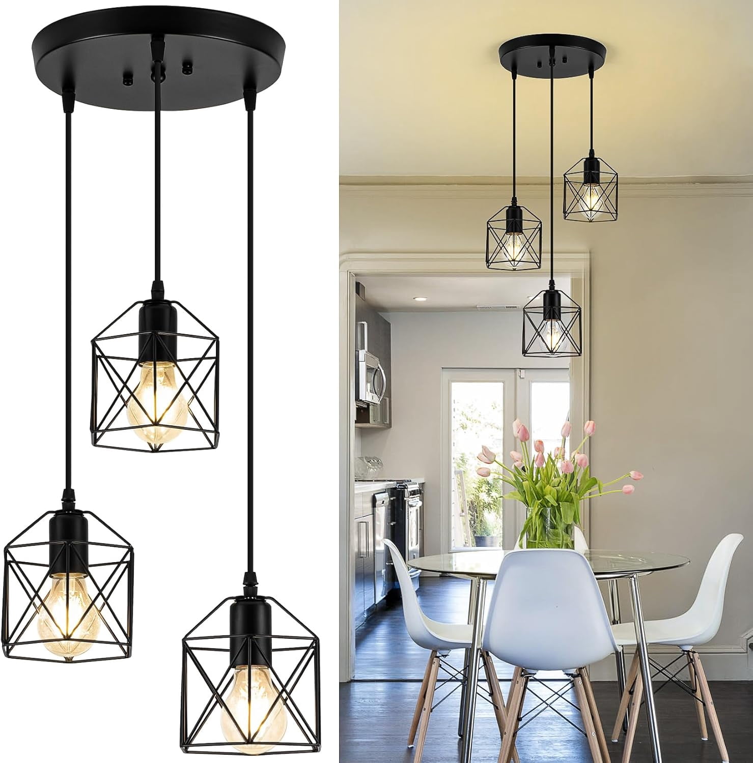 3-Light Pendant Light Fixtures, Farmhouse Hanging Pendant Lighting, Dining Room Chandelier, Industrial Kitchen Island Hanging Light Fixture, Black Metal Cage Pendant Ceiling Lamp for Kitchen