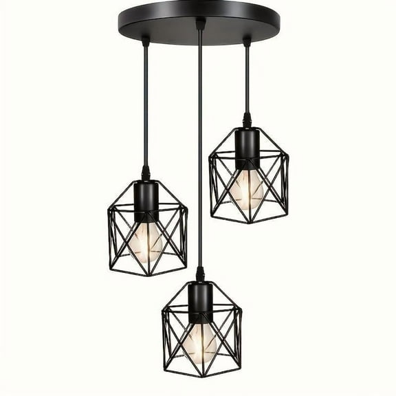 3-Light Pendant Light Fixtures, Farmhouse Kitchen Island Light Fixture, Industrial Hanging Pendant Lighting for Dining Room Bedroom, Black Metal Cage Pendant, E26 Base, Bulbs Not Included