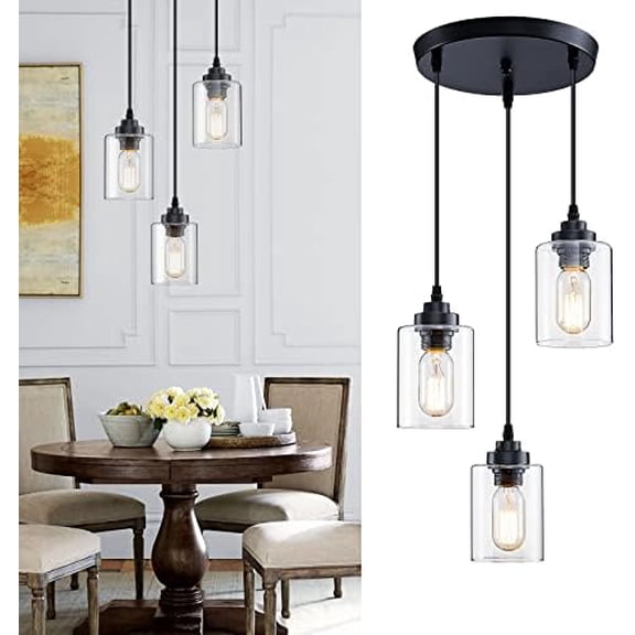 3-Light Pendant Lighting,3 Pendant Light Fixture for Kitchen Island,Dining Lamp Ceiling Hanging,with Adjustable Cord and Glass Shade for Farmhouse Living Dining Room Bar,Black$$Tools & Hardware Other