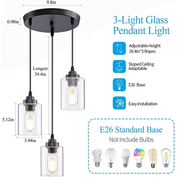 3-Light Pendant Lighting,3 Pendant Light Fixture for Kitchen Island,Dining Lamp Ceiling Hanging,with Adjustable Cord and Glass Shade for Farmhouse Living Dining Room Bar,Black