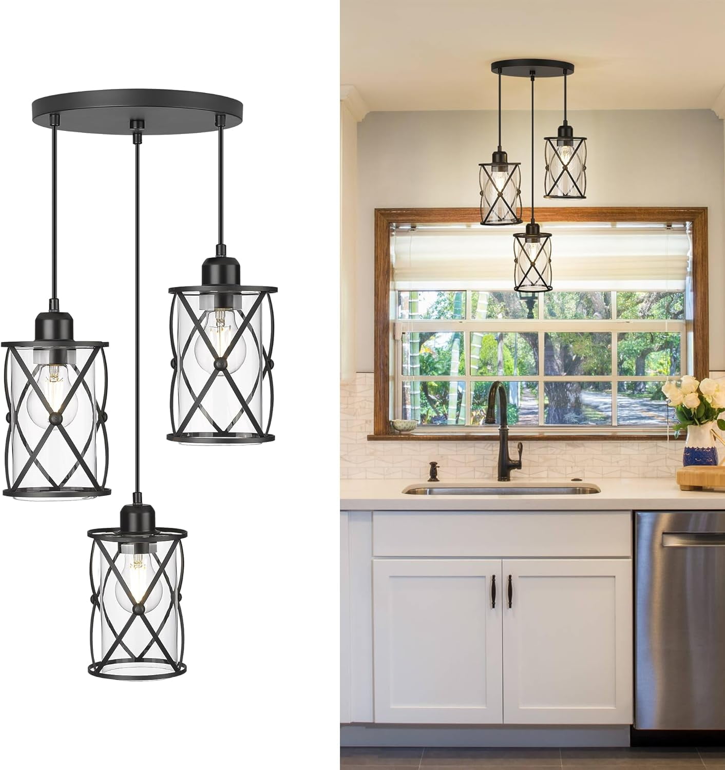 3 Light Pendant Lighting, Black Industrial Dining Room Light Fixtures