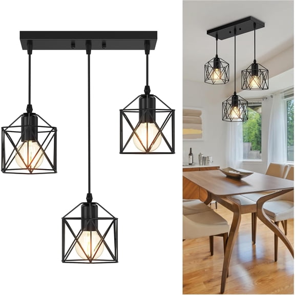 3-Light Pendant Lighting, Farmhouse Light Fixture for Kitchen & Dining Room, Industrial Ceiling Lamp with E26 Base, Adjustable Height, Matte Black