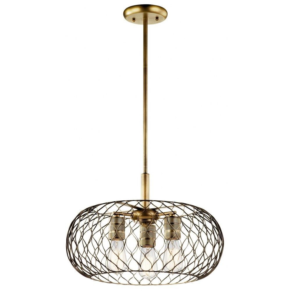 Vintage Brass Drum Pendant with Metal Cage, 18" Wide