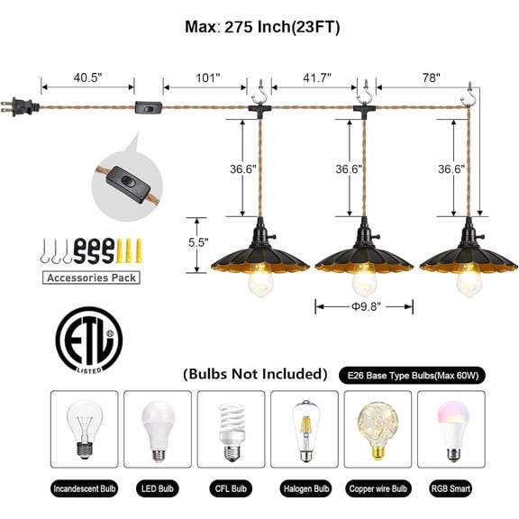 3-Light Plug in Pendant Light Fixtures Chandelier with Switch 22FT Industrial Ceiling Hanging Lamp Cord Farmhouse Cable DIY Including DIY Lotus lampshade