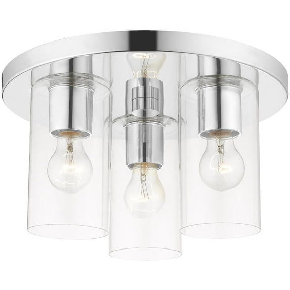 3 Light Polished Chrome Flush mount ceiling light fixture with Clear Glass Shade