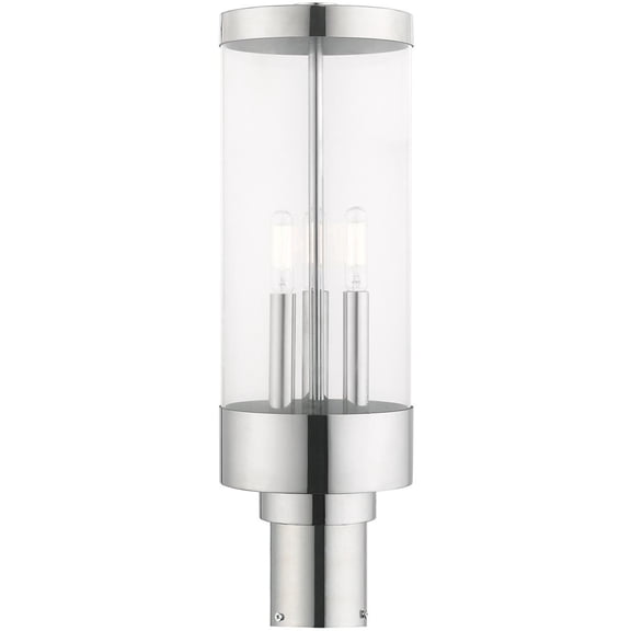 3 Light Polished Chrome Outdoor Post Top Lantern with Clear Glass Shade backed with Stainless Steel material for patio, front porch, entryway and more