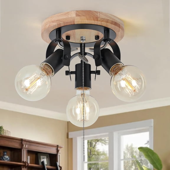 SEEBLEN 3-Light Track Lighting Fixture Pull Chain Round Wood Base Rustic Flush Mount Adjustable Heads for Kitchen Hallway Closet Bedroom