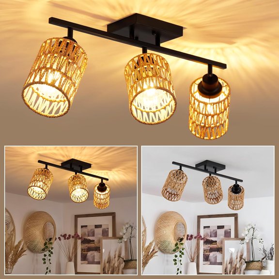 3-Light Rattan Ceiling Lighting Kits Track Lighting Fixture with Boho Farmhouse Style, Modern Bathroom Light Fixtures Black Spotlight and Rattan Shades for Kitchen Bathroom Living Room Hallway