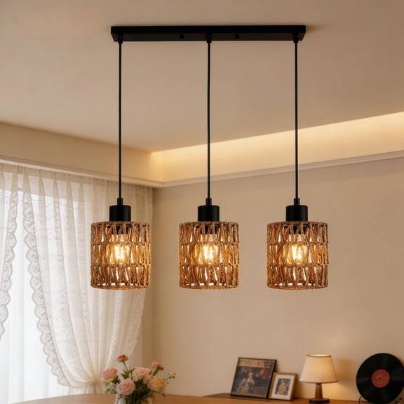 3-Light Rattan Pendant Light, Adjustable Height,Farmhouse Natural Woven Cage(No Bulbs)
