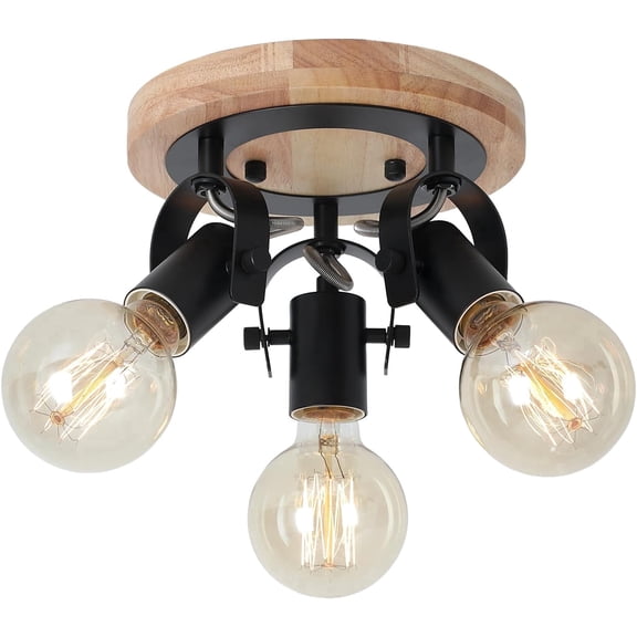KEESFU Adjustable 3-Light Track Ceiling Light, Rustic Wood Base Multi-Directional Light Fixture for Kitchen, Dining Room, Entryway, Bedroom