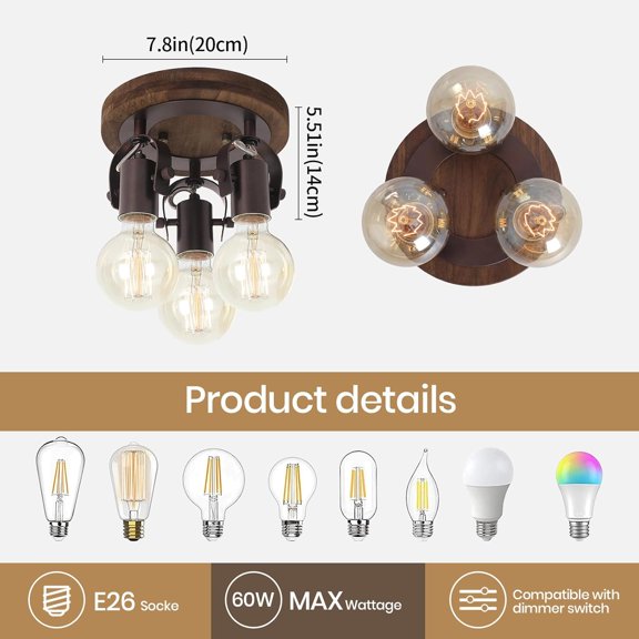 3-Light Rustic Track Lighting, Adjustable Flush Mount Ceiling Light with Espresso Wood Base, Dark Bronze Ceiling Track Light for Kitchen Island, Dining Room, Hallway, Entryway