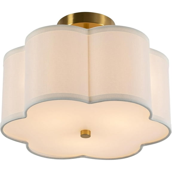 3-Light Semi Flush Mount Ceiling Light Fixture Modern Close to Ceiling Lamp with Fabric Shade Antique Brass Ceiling Light for Bedroom, Dining Room, Corridor, Living Room