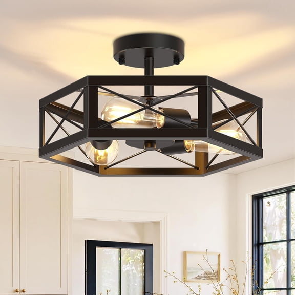 3-Light Semi Flush Mount Ceiling Light, Kitchen Lighting Fixtures Ceiling, Black Dining Room Light Fixtures, Farmhouse Close to Lights with Hexagon Cage for Bedroom Hallway Foyer