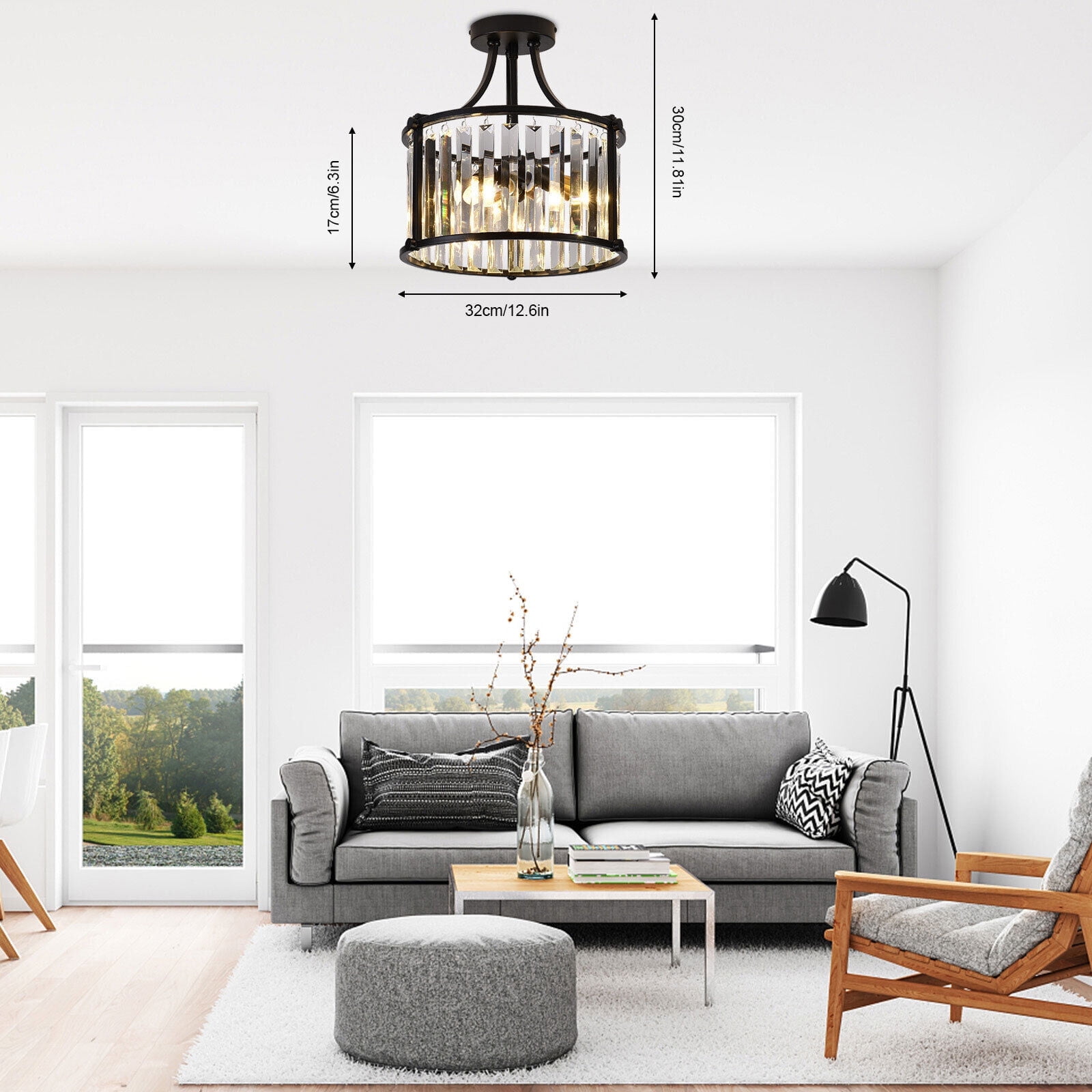 3-Light Semi Flush Mount Ceiling Light Modern Crystal Ceiling Lamp ...