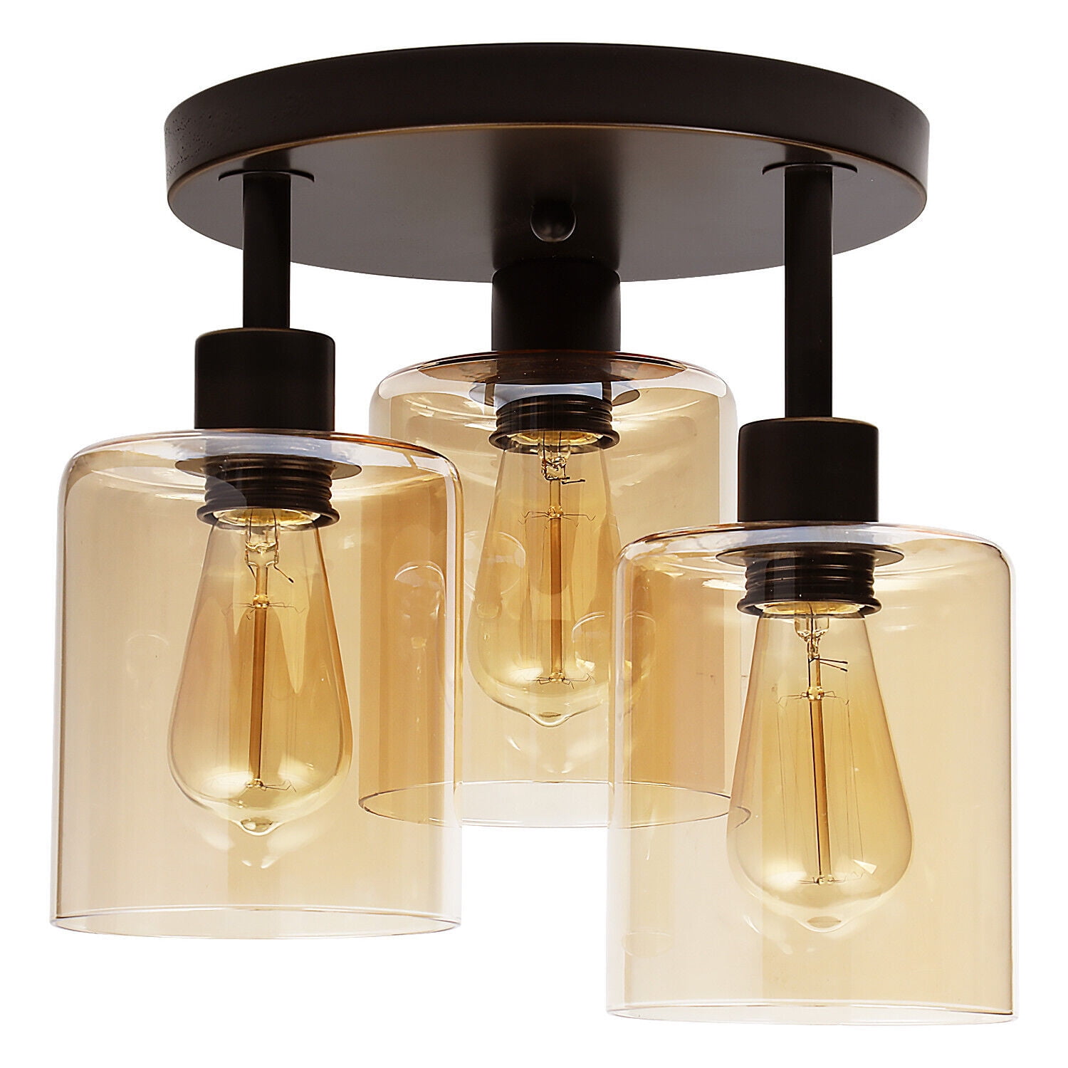 3-Light Semi Flush Mount Ceiling Light with Edison Bulbs Included, Oil-Rubbed Bronze Finish with Amber Glass