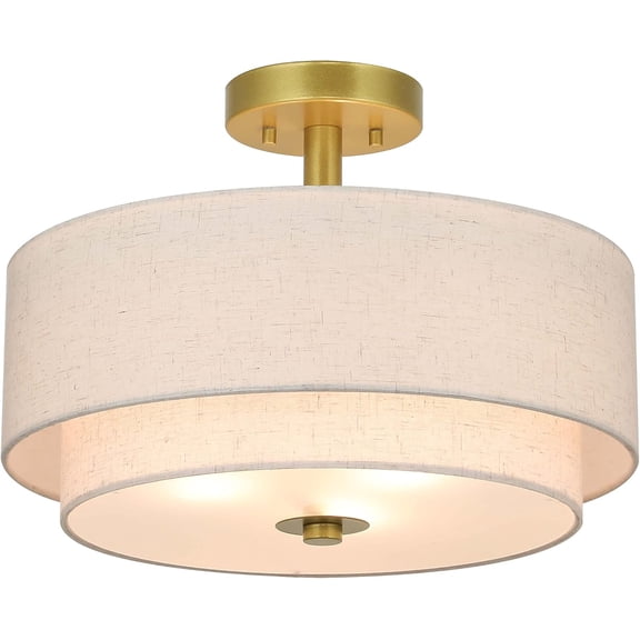 3 Light Semi Flush Mount Light, Close to Ceiling Light Fixture with Fabric Shade Retro  Brass 16 inch Semi Flush Drum Light for  &  Room XB-SF1289-GB