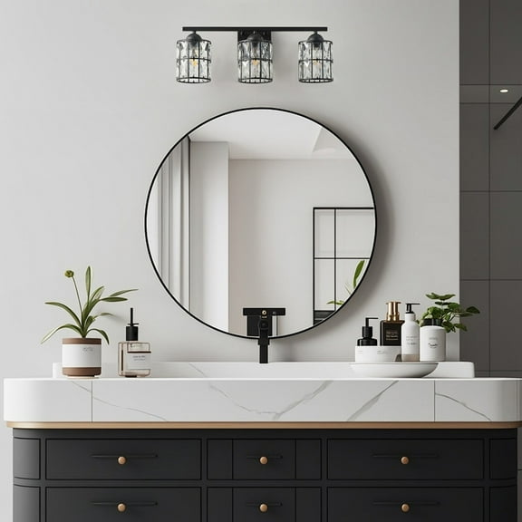 3-Light Stylish Vanity Light Fixture with Clear Crystal Shade, Black Wall Scones for Bathroom, Hallway, Bedroom (E26 Base)