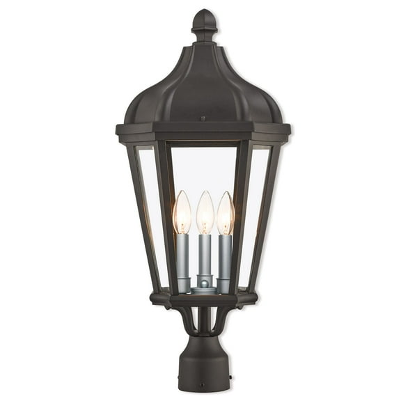 3 Light TBK Outdoor Post Top Lantern with Clear Glass Shade backed with Cast Aluminum material for patio, front porch, entryway and more
