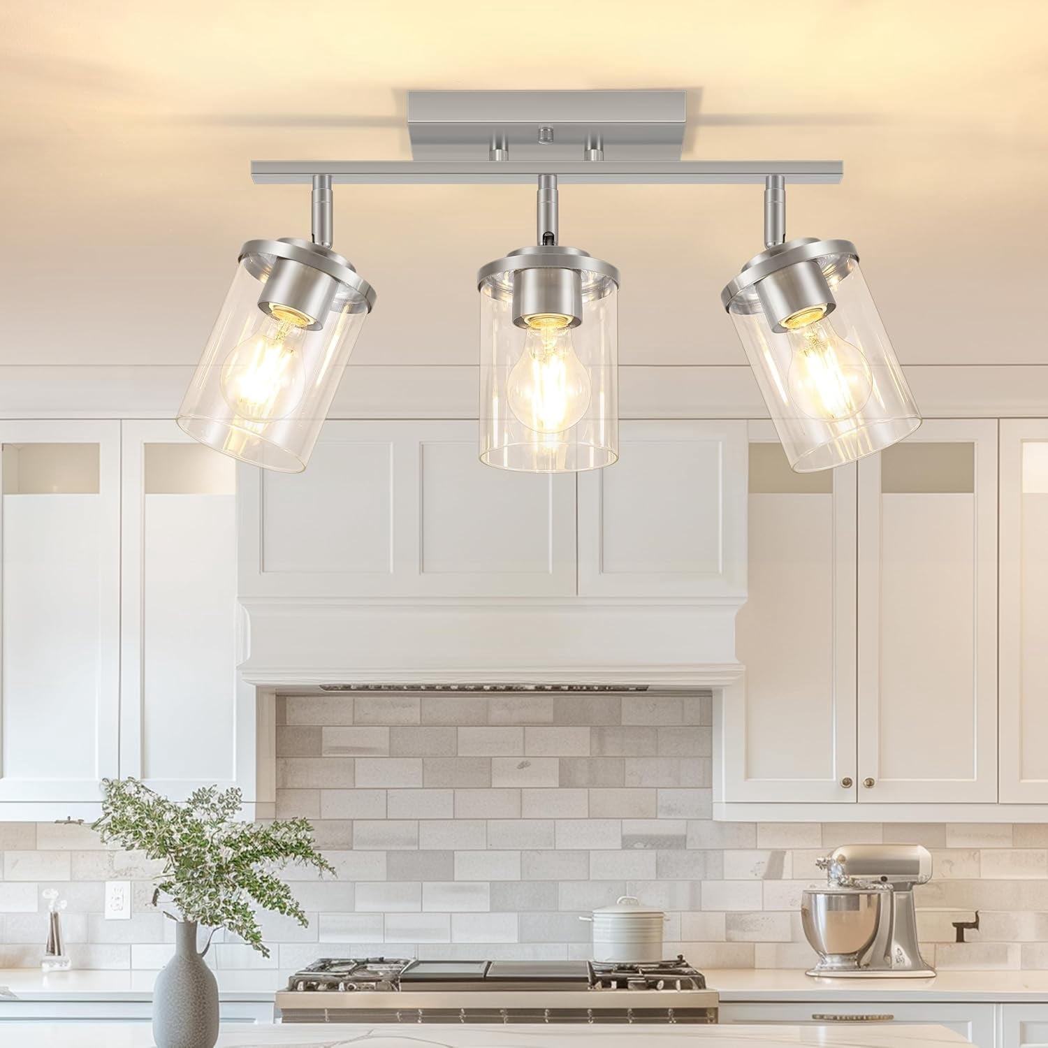 3-Light Track Lighting Brushed Nickel Semi Flush Mount Ceiling Light with Clear Glass Shades Multi-Directional Track Spotlights for Kitchen Hallway Bathroom, Bulb Not Included
