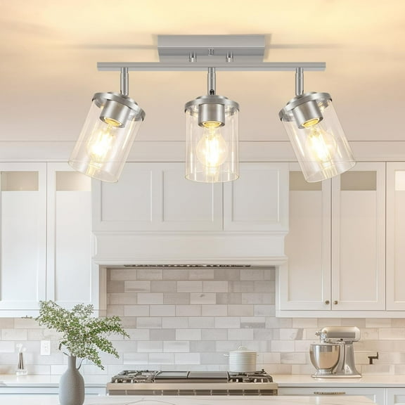 3-Light Track Lighting Brushed Nickel Semi Flush Mount Ceiling Light with Clear Glass Shades Multi-Directional Track Spotlights for Kitchen Hallway Bathroom, Bulb Not Included