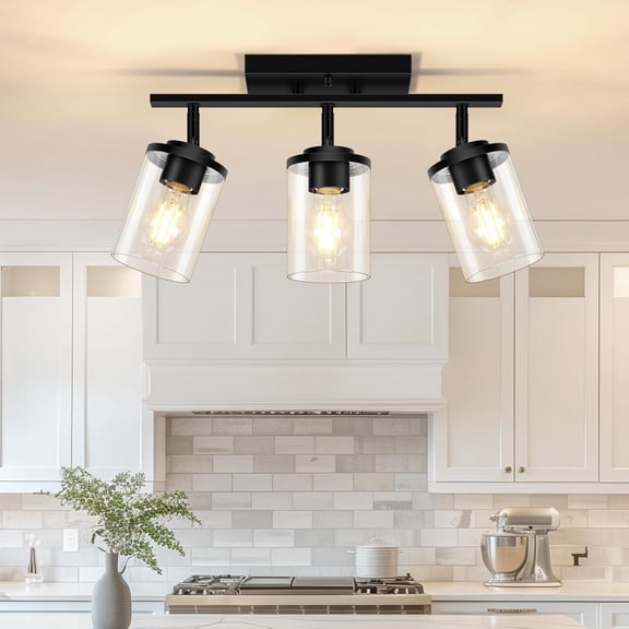 3-Light Track Lighting Kit Black Track Lighting Fixtures Bathroom Wall Sconces Ceiling Mount Kitchen Tracking Lights Rotatable Spotlight with Clear Glass Shade for Kitchen Shop Hallway