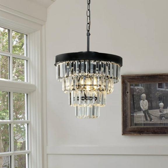 3-Light Unique Statement Tiered Crystay Chandelier Matte Black Pendant Lamp
