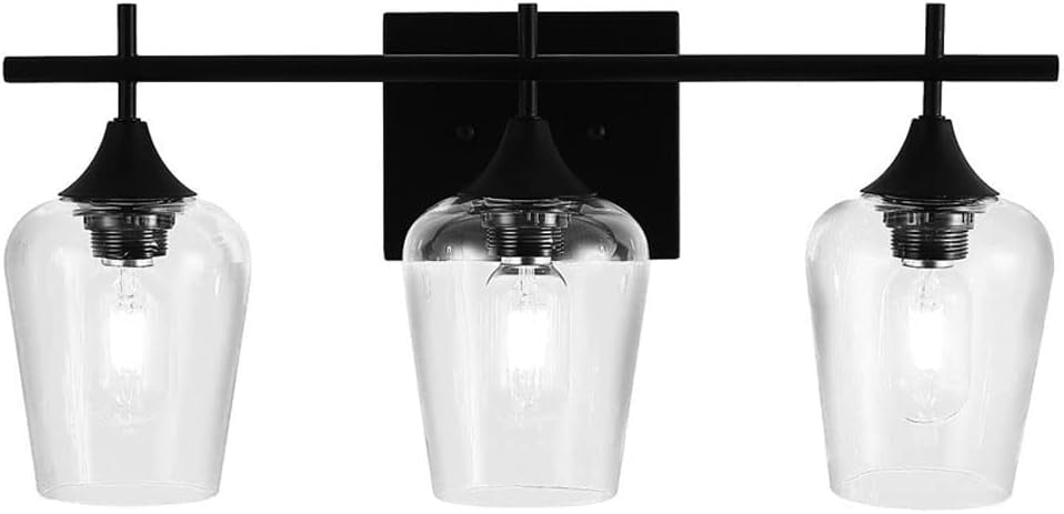 3-Light Vanity Lamp Bathroom Lighting Fixture, Vintage Matte Black Mirror Front Light, E26/E27 Wall Sconce Bath Wall Lamps with Clear Glass Shade Over Mirror Cabinet