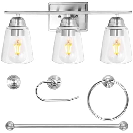 3-Light Vanity Light Fixture, 5-Piece All-in-One Bathroom Set with Towel Bar, Ring, Robe Hook & Toilet Paper Holder for Bathroom Mirror Lighting, Brushed Nickel Wall Light with Glass Shade
