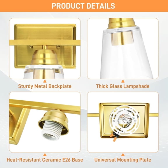 3-Light Vanity Light Fixture Gold Bathroom Set with Towel Bar Ring Hook TP Holder