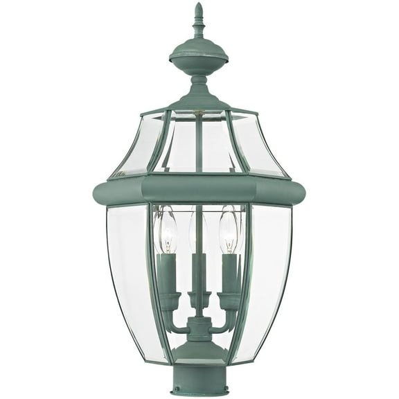 3 Light Verdigris Outdoor Post Lantern Pendant Lighting Fixture with Clear Beveled Glass Shade backed with Hand Crafted Solid Brass material for patio, front porch, entryway and more