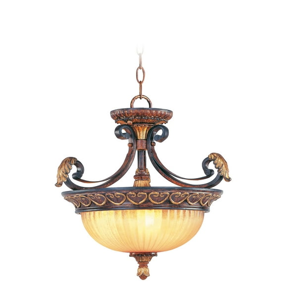 3 Light Verona Bronze Chain Hang/Ceiling Light fixture with Rustic Art Glass Shade