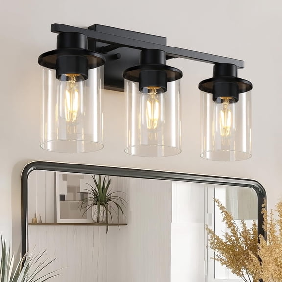 3-Light Vintage Industrial Bathroom Vanity Wall Sconce, Industrial Black Wall Sconce Lighting Fixture, Modern Bathroom Lights Over Mirror with Clear Glass Shade, E26 Base, Over Mirror Lighting for Ba