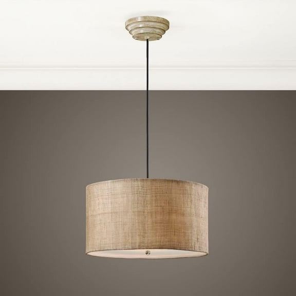 3 Light White Drum Pendant with Antiqued Burlap and Frosted Glass
