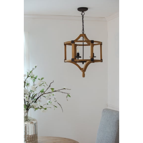 3 - Light Wood Drum Chandelier, Hanging Light Fixture with Adjustable Chain for Kitchen Dining Room Foyer Entryway, Bulb Not Included