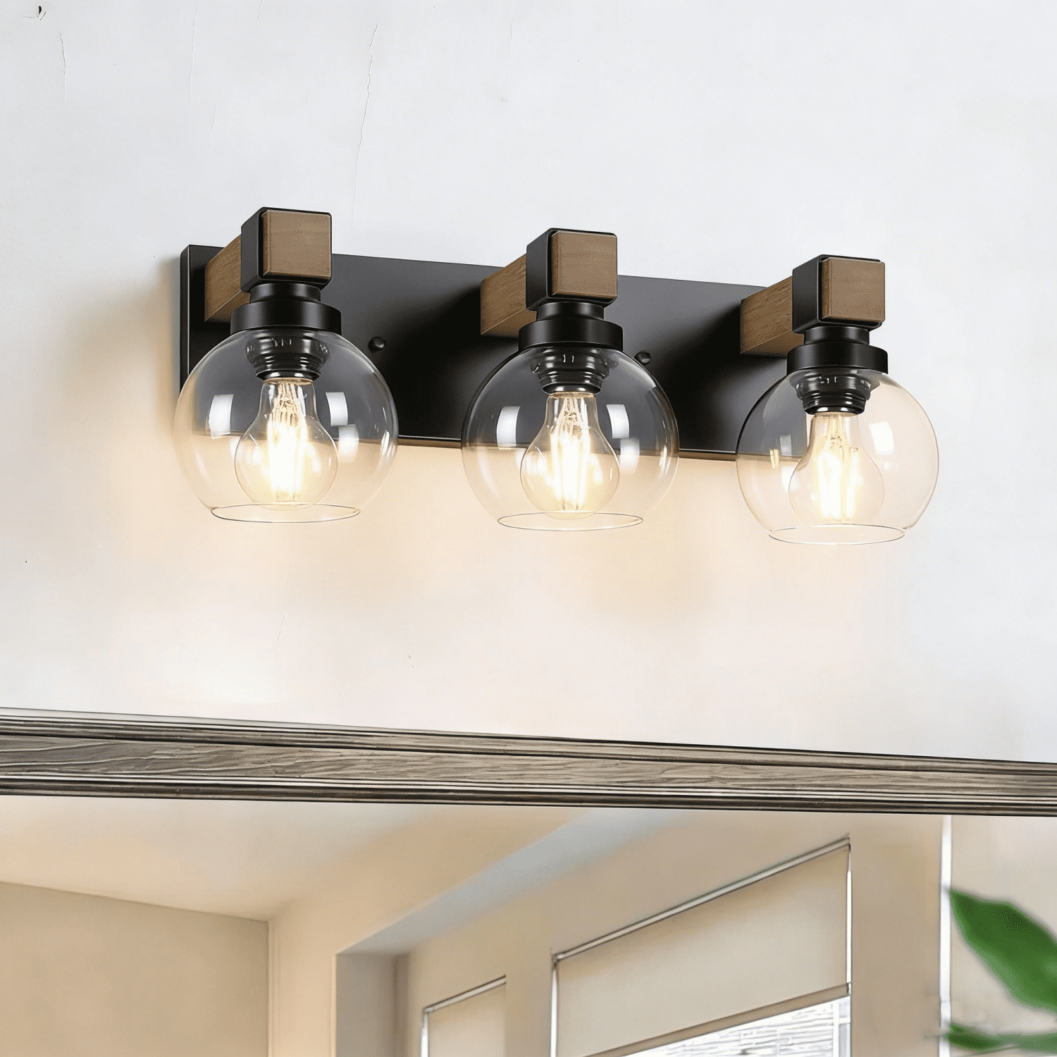 3-Light Wooden Bathroom Vanity Light with Clear Globe Glass Shade over Mirror for Bathroom Bedroom Living Room Cabinet