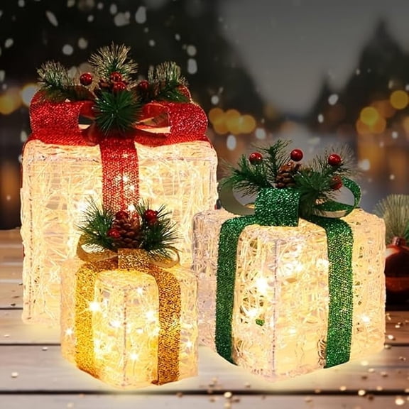 3 Lighted Clear Acrylic Christmas Gift Boxes with 70 Warm LEDs & Flasher, Versatile Decor for Pathway, Tree Skirt, Garden and Party
