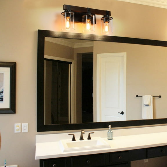 3 Lights 18.5inch Bathroom Vanity Light Fixtures , Wooden Farmhouse Vanity Lights Rustic Bathroom Lights Over Mirror with Clear Glass Shade Black Industrial Wall Sconce