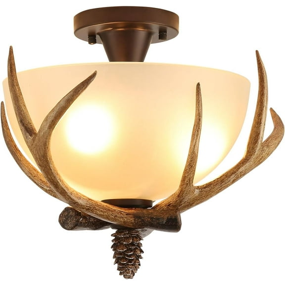 3 Lights Antler Glass Chandelier Semi Flush Mount Fixture Ceiling Lighting, Rustic Deer Ceiling Light Fixtures