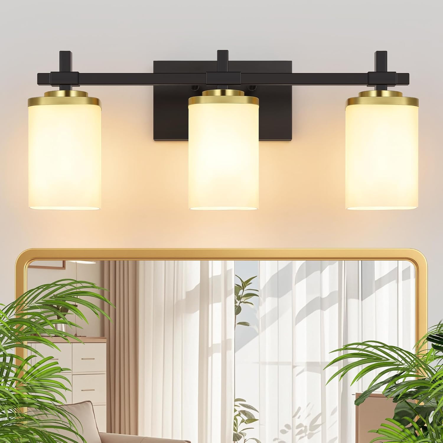 3-Lights Black and Gold Bathroom Lighting Fixtures Over Mirror, Anti-Rust Vanity Wall Lights for Bathroom with Milky White Frosted Glass Shades, Modern Bath Wall Lamp for Living Room Bedroom