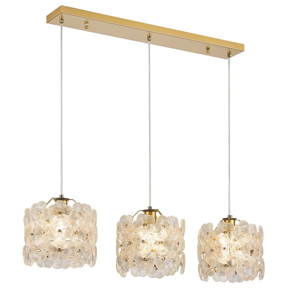 3-Lights Flower Glass Pendant Light for Kitchen Island Modern Gold Linear Chandelier Adjustable Ceiling Pendant Lighting for Bar Dining Room Living Room