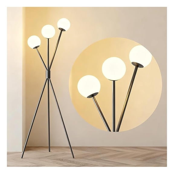 3 Lights Globe Floor Lamps for Living Room, Modern Black Standing Lamps with White Glass Shade, Century 65" Tripod Floor Lamp for Bedroom, Office