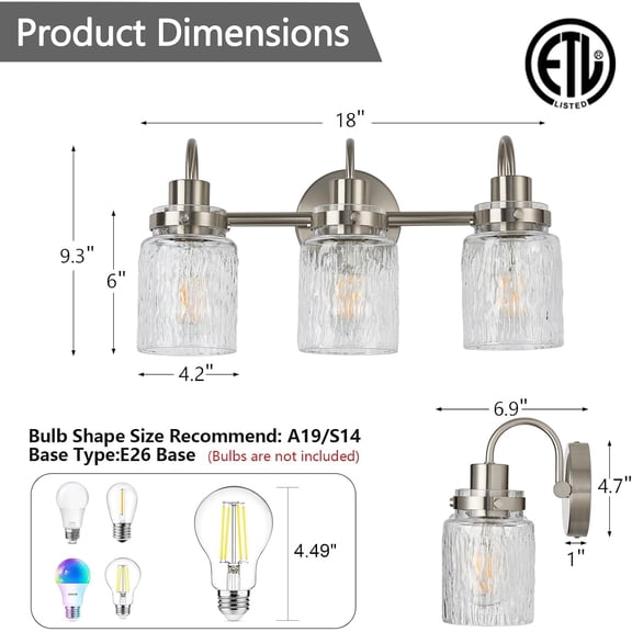 3 Lights Hammered Glass Bathroom Vanity Light,Brushed Nickel