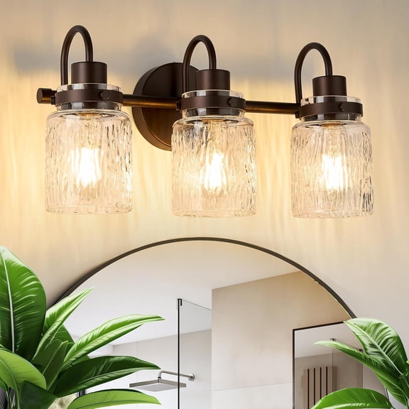3 Lights Hammered Glass Bathroom Vanity Light, Oil Rubbed Bronze | Easy Installation,Up or Down,Farmhouse Modern Style,E26 Socket,ETL Certification