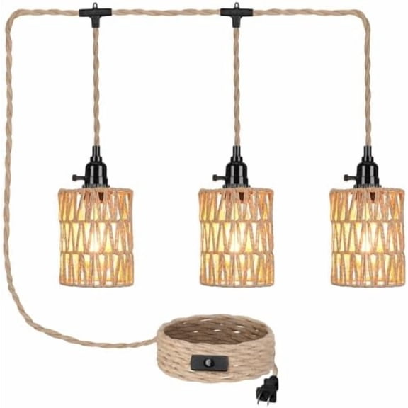 3 Lights Hanging Light with Plug in Cord Pendant Lamp 22 ft Hemp Rope Boho Rattan Lamp On/off Switch Farmhouse Hanging Bohemian Decor for Bedroom Living Room Kitchen Hallway Foyer