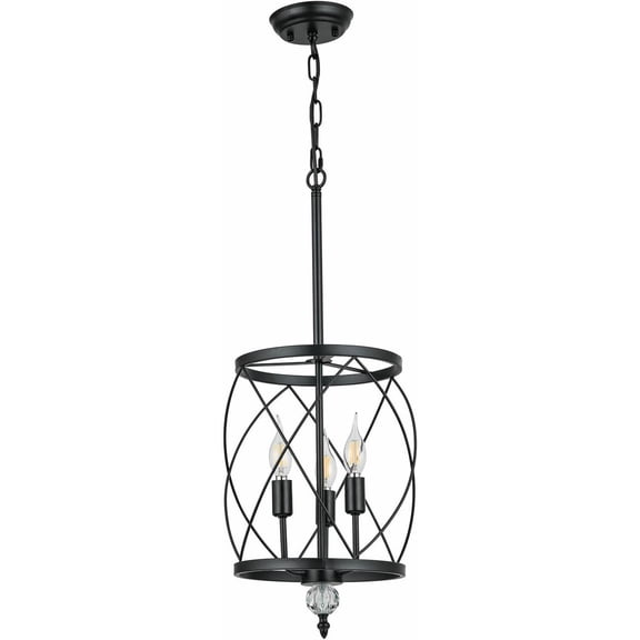 3-Lights Industrial Metal Chandelier Wire Cage Pendant Light Cylinder Traditional Foyer Light Fixture with Globe Crystal Pendant Adjustable Height for Kitchen Island Dinning Room Bedroom 10"W