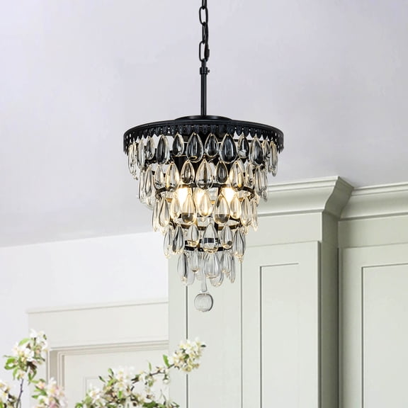 3-Lights Interior Decor Glass Tear Drops Chandelier Matte Black Pendant Ceiling Lighting